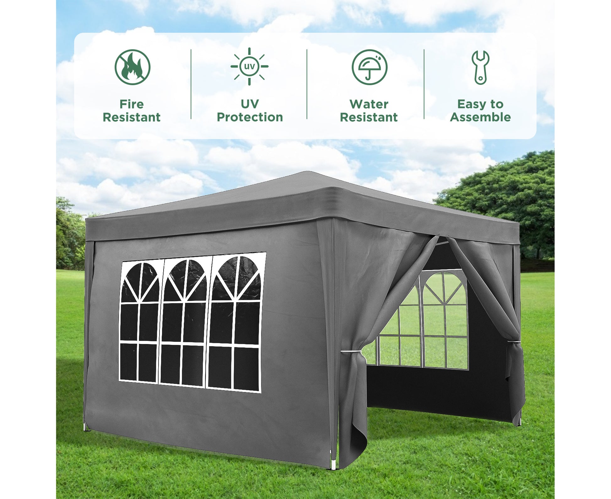 3X3 Pop up Marquee Outdoor Waterproof Canopy Tent Portable Gazebo with 4 Side Walls Shelter Grey